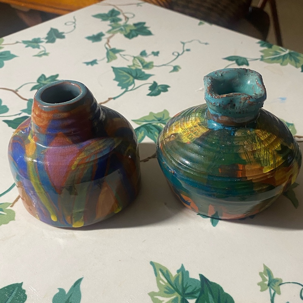 Pair of Handcrafted Colorful HandPainted Vases 
Ceramic Texture Iridescent Glaze